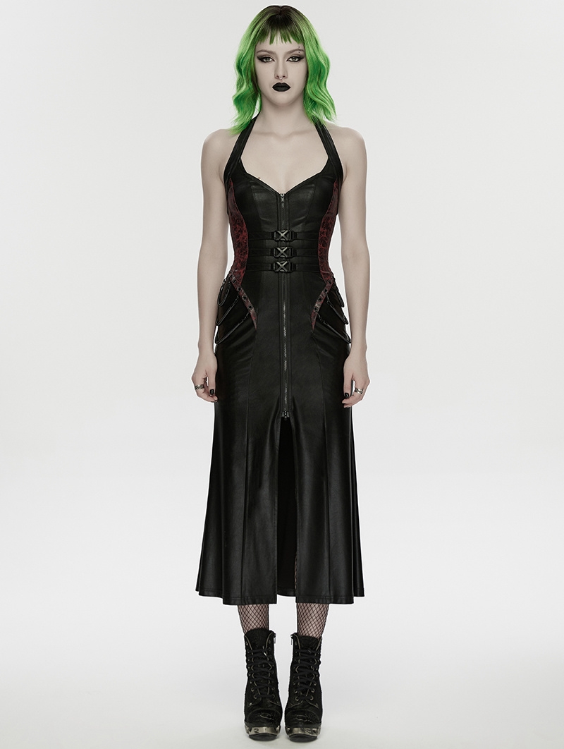 Black and Red Gothic Cyberpunk Zipper Split Halter Long Dress