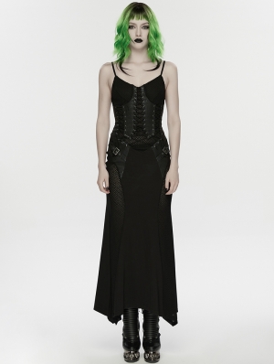 Black Gothic Punk Mesh Slip Fishtail Maxi Dress
