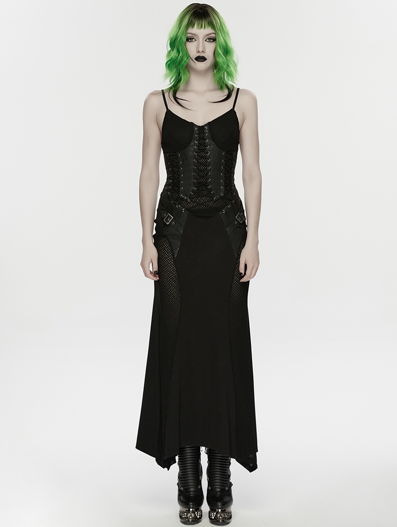 Black Gothic Punk Mesh Slip Fishtail Maxi Dress