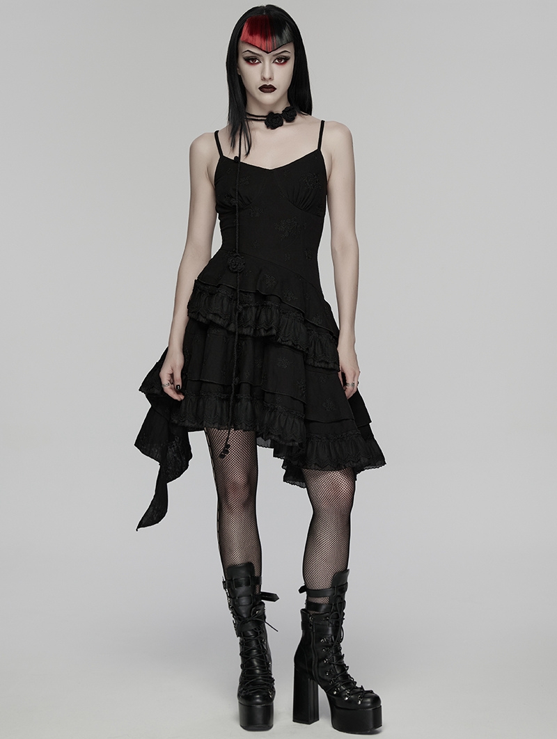 Black Gothic Embroidered Irregular Pleated Slip Dress