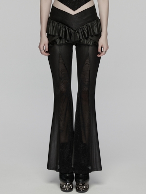 Black Gothic Ruffle Trim Flared Pants for Women