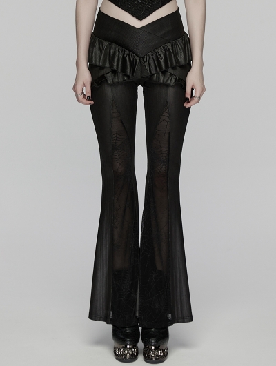 Black Gothic Ruffle Trim Flared Pants for Women
