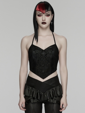 Black Gothic Lace Mesh Halter Camisole Top for Women