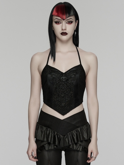 Black Gothic Lace Mesh Halter Camisole Top for Women