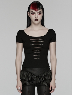 Black Gothic Punk Mesh Perspective Short Sleeve T-Shirt for Women