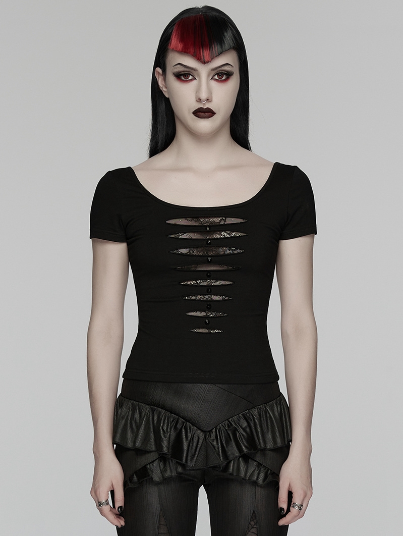 Black Gothic Punk Mesh Perspective Short Sleeve T-Shirt for Women