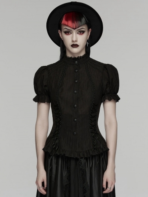 Black Gothic Textured Classical Ruffle Short Sleeve Shirt for Women