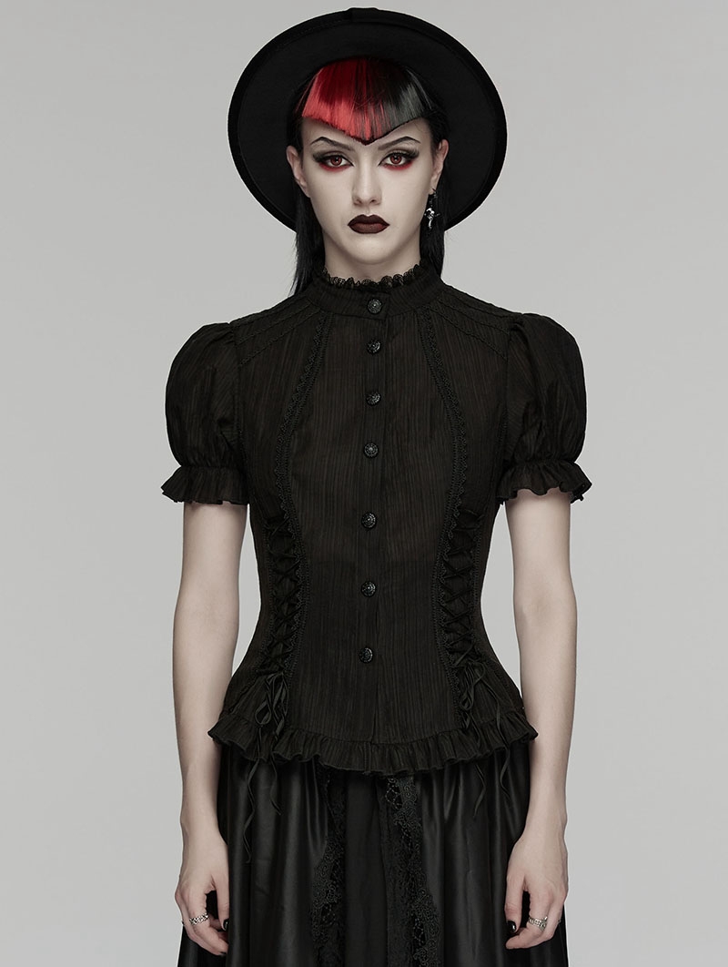 Black Gothic Textured Classical Ruffle Short Sleeve Shirt for Women