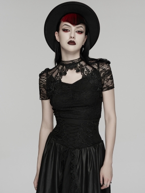 Black Gothic Lace Short Puff Sleeve Shirt for Women