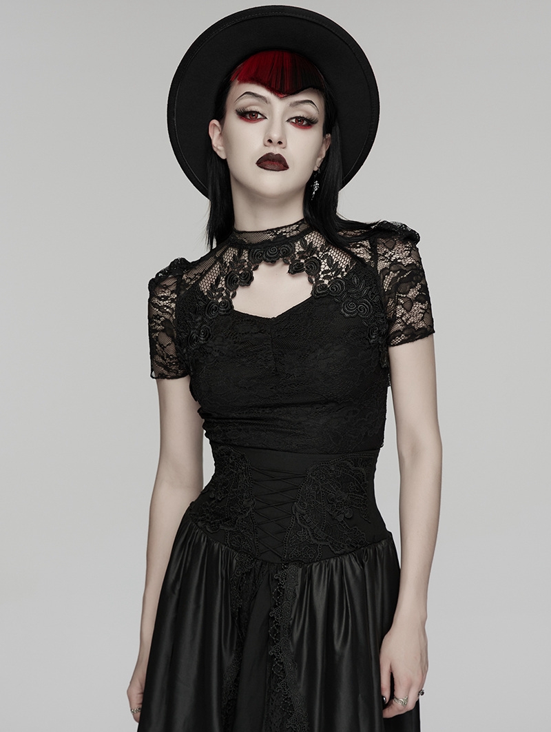 Black Gothic Lace Short Puff Sleeve Shirt for Women