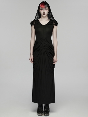 Black Elegant Gothic Nun Hooded Cape Fishtail Long Dress