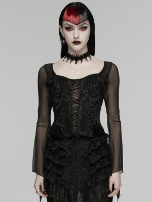 Black Gothic Embroidery Mesh Velvet Shirt for Women