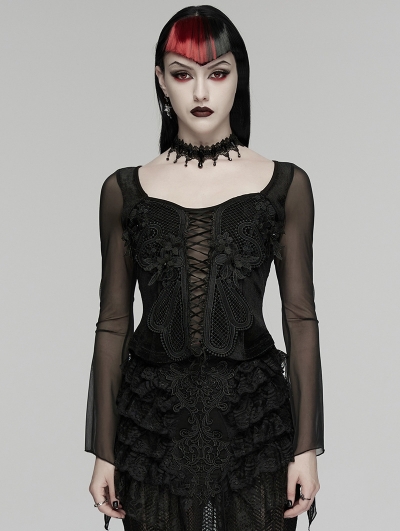 Black Gothic Embroidery Mesh Velvet Shirt for Women