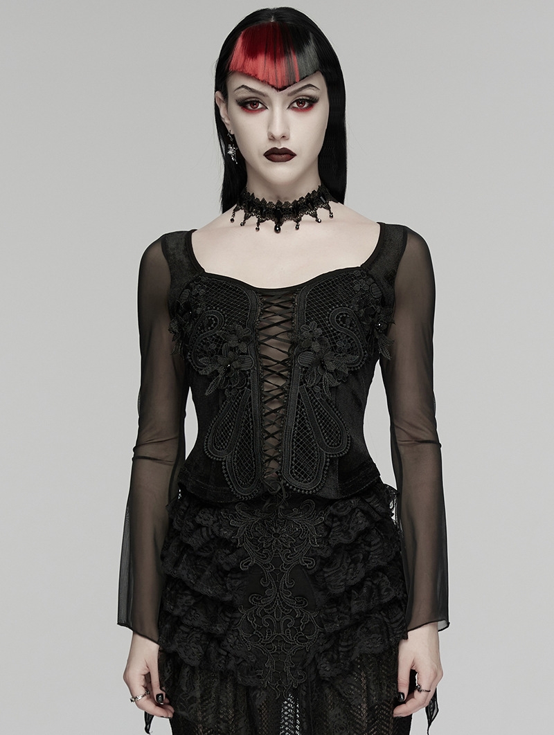 Black Gothic Embroidery Mesh Velvet Shirt for Women