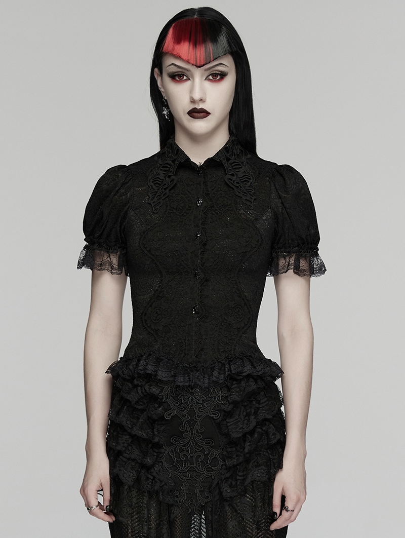 Black Retro Gothic Short Sleeve Lace Shirt for Women