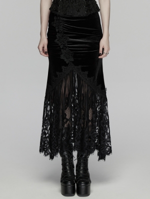 Black Gothic Velvet Lace Ruched Fishtail Skirt