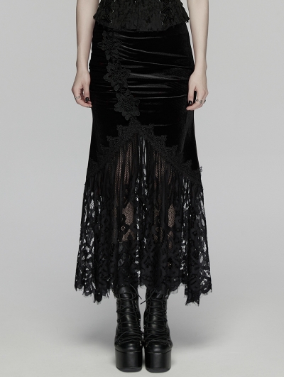 Black Gothic Velvet Lace Ruched Fishtail Skirt