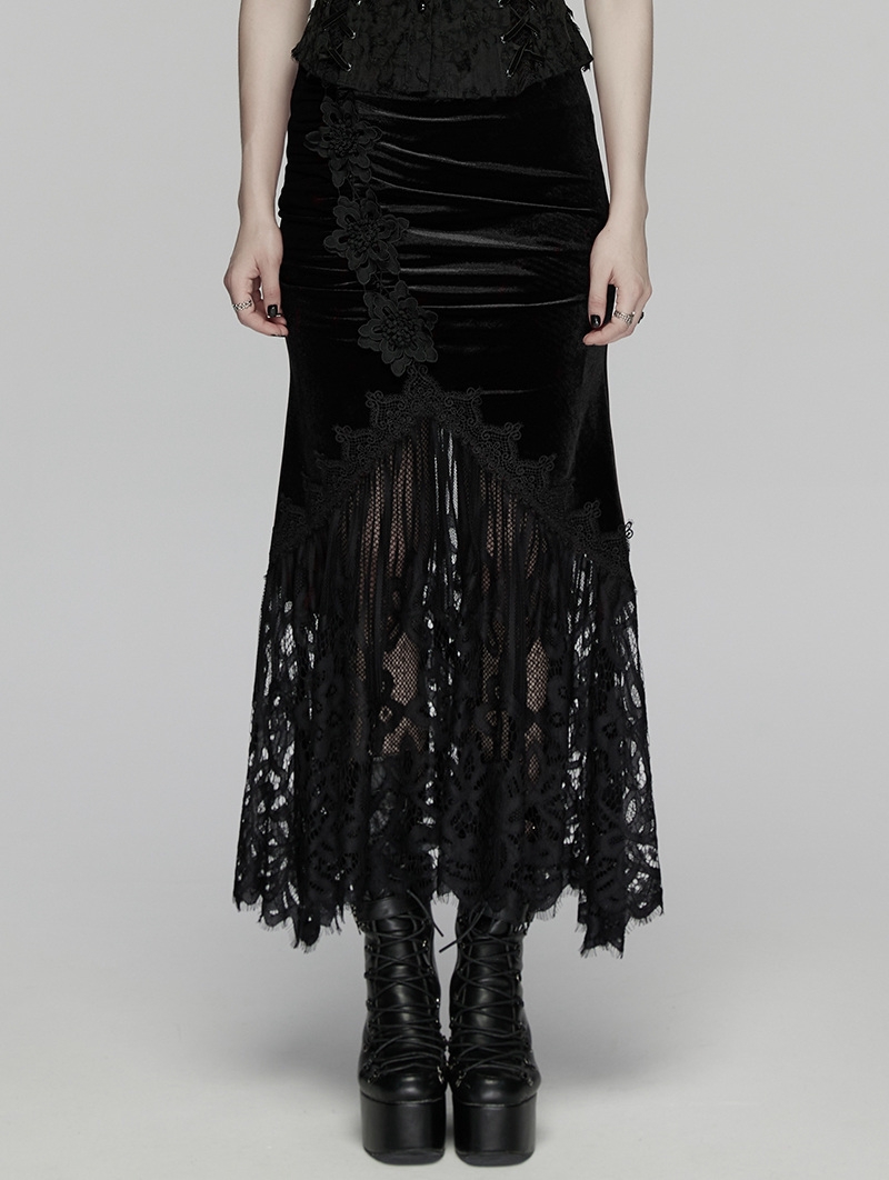 Black Gothic Velvet Lace Ruched Fishtail Skirt