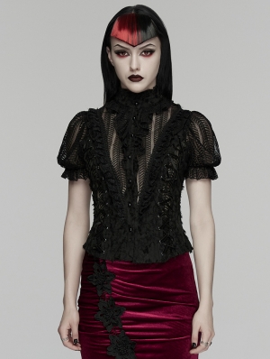 Black Gothic Decadent Sexy Short Puff Sleeve Shirt for Women