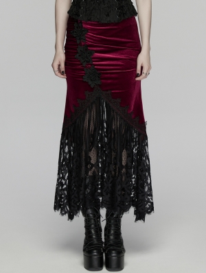 Black and Red Gothic Velvet Lace Ruched Fishtail Skirt
