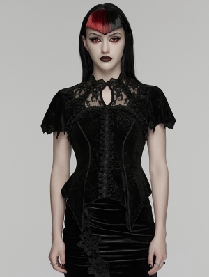 Black Gothic Gorgeous Rose Embossed Velvet Top for Women
