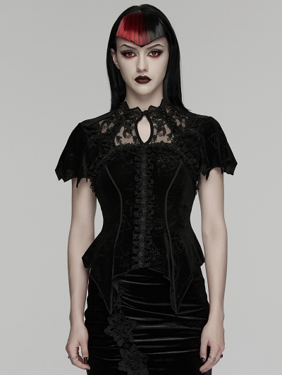 Black Gothic Gorgeous Rose Embossed Velvet Top for Women