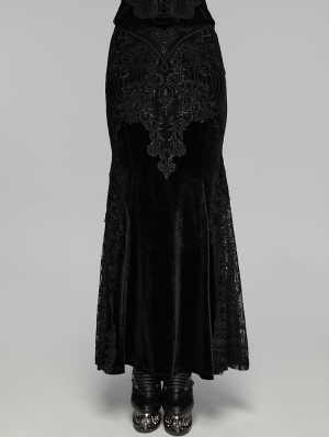 Black Gothic Sequin Embroidered Lace Velvet Fishtail Skirt