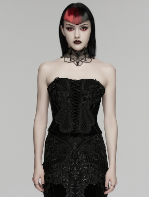 Black Gothic Embroidered Velvet Corset Top for Women