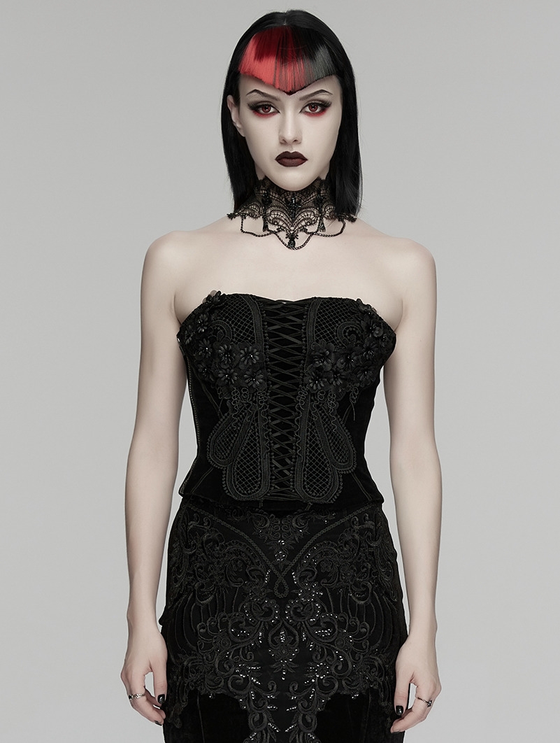 Black Gothic Embroidered Velvet Corset Top for Women