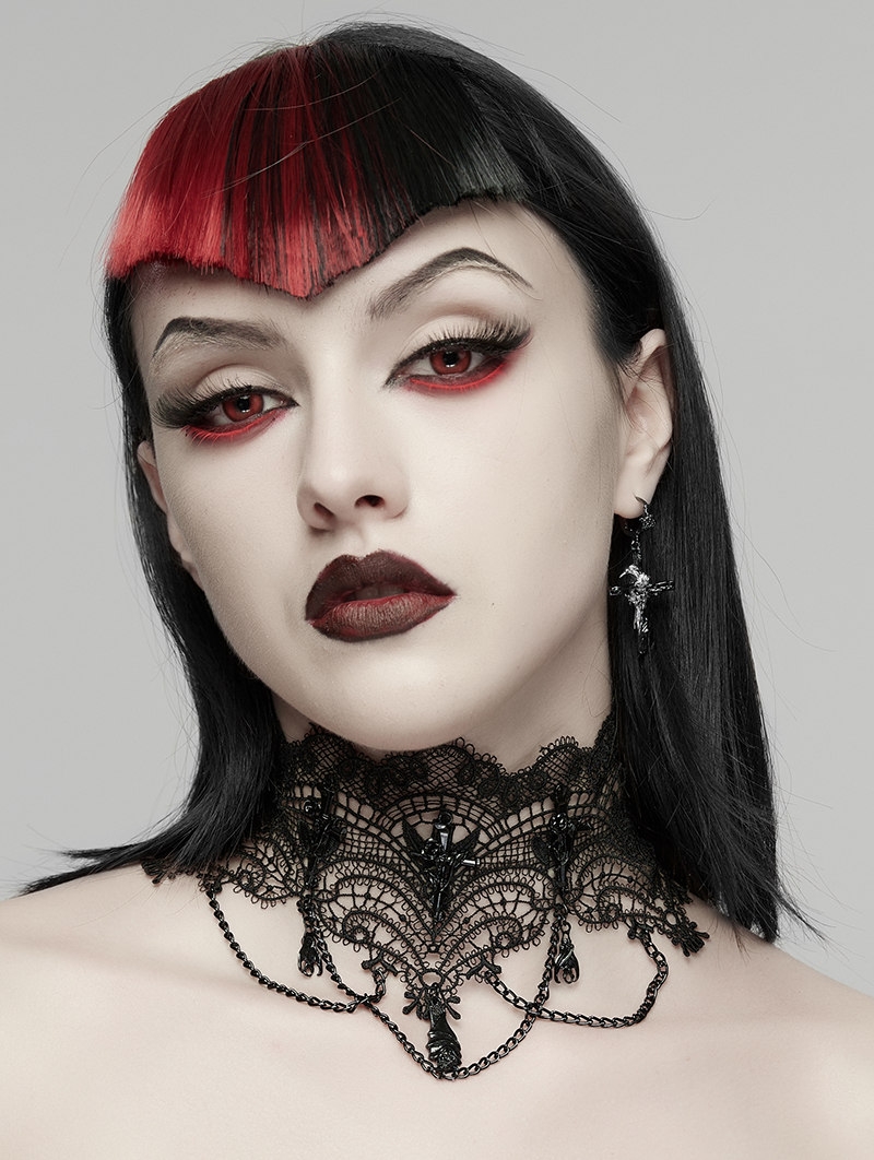 Black Gothic Bat Pendant Lace Chain Necklace