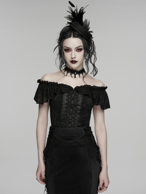 Black Gothic Ruffle Lace Off Shoulder Shirt for Women