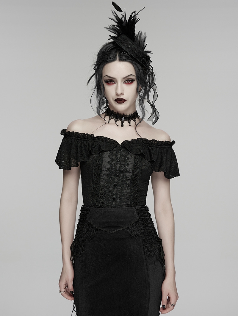 Black Gothic Ruffle Lace Off Shoulder Shirt for Women