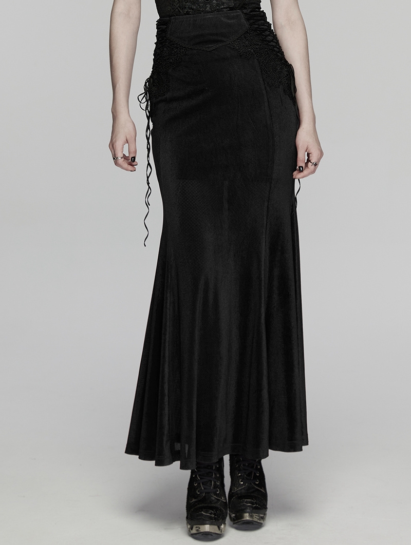 Black Gothic Lace Velvet Drawstring Fishtail Skirt
