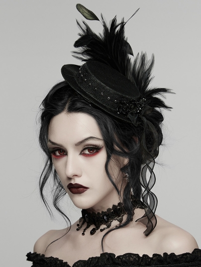 Black Gothic Feather Ribbon Format Hat