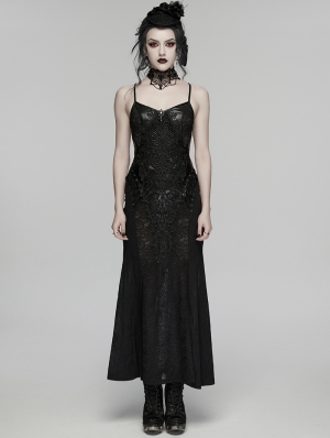 Black Gothic Lace Decal Sexy Fishtail Long Slip Dress