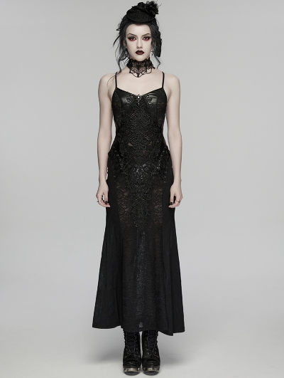 Black Gothic Lace Decal Sexy Fishtail Long Slip Dress