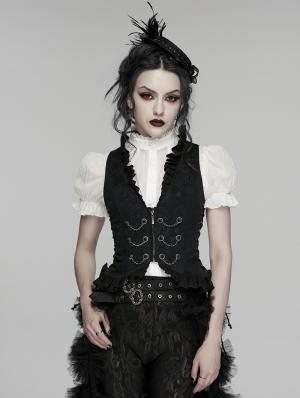 Black Gothic Ruffle V-Neck Drawstring Vest for Women