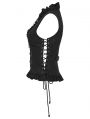 Black Gothic Ruffle V-Neck Drawstring Vest for Women