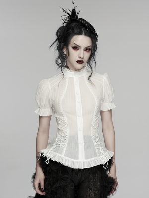 White Gothic Classical Ruffle Short Sleeve Shirt for Women