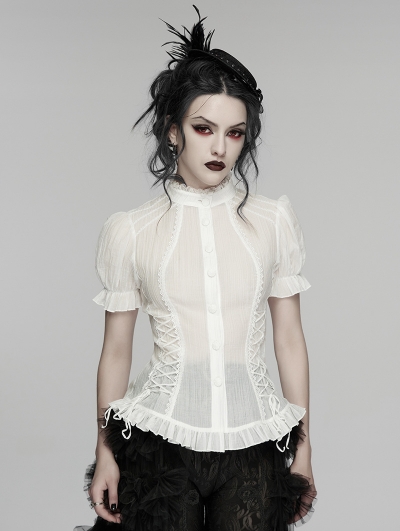 White Gothic Classical Ruffle Short Sleeve Shirt for Women