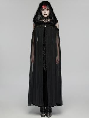 Black Gothic Perspective Mesh Magic Hooded Long Cape for Women