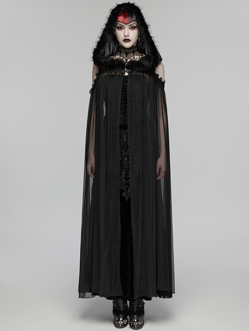 Black Gothic Perspective Mesh Magic Hooded Long Cape for Women