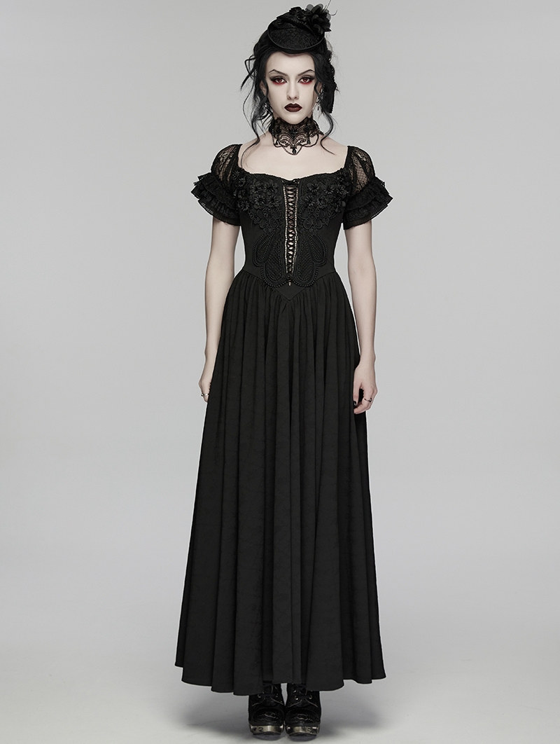 Black Gothic Gorgeous Embroidery Lace Short Sleeve Party Dress
