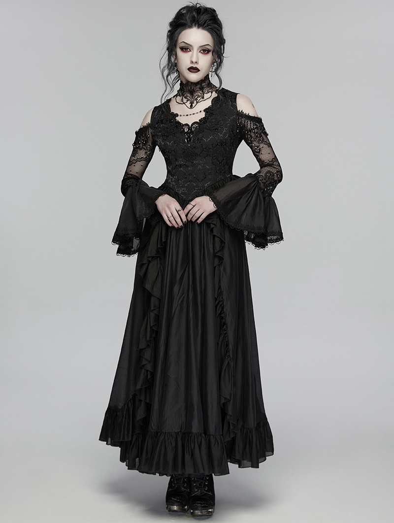 Black Gothic Gorgeous Fairy Lace Flared Sleeve Long Party Dress