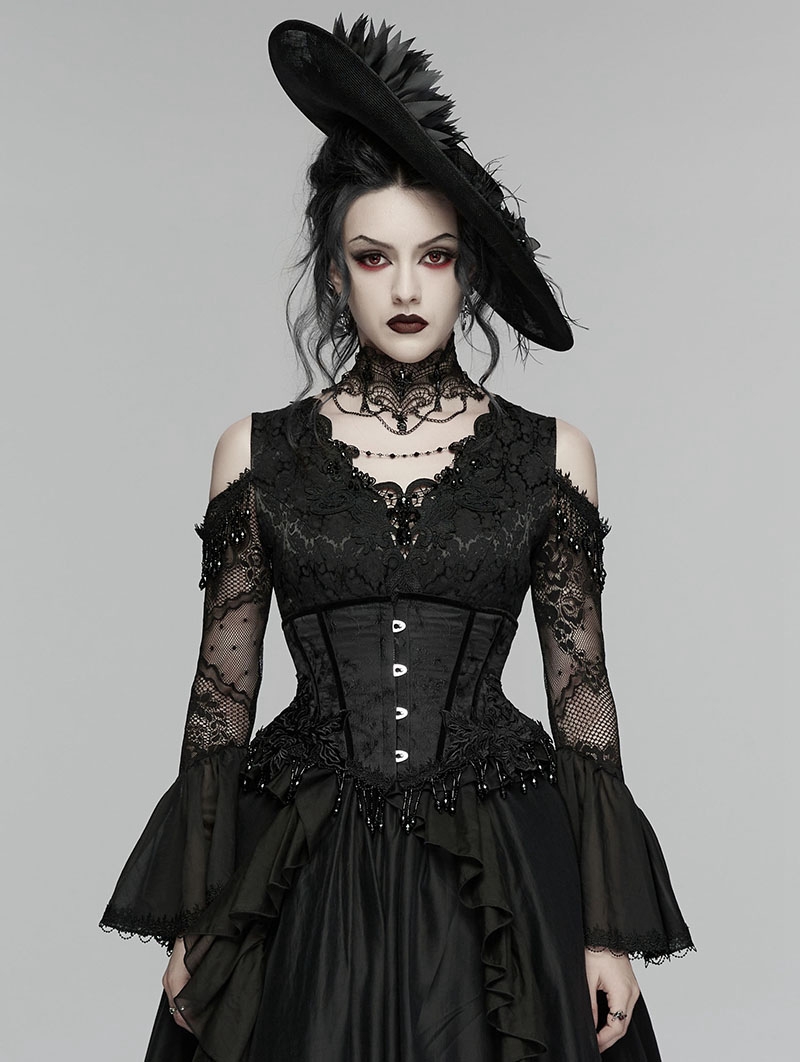 Black Gothic Rose Bead Tassel Corset Waistband