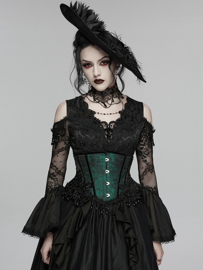 Black and Green Gothic Rose Bead Tassel Corset Waistband