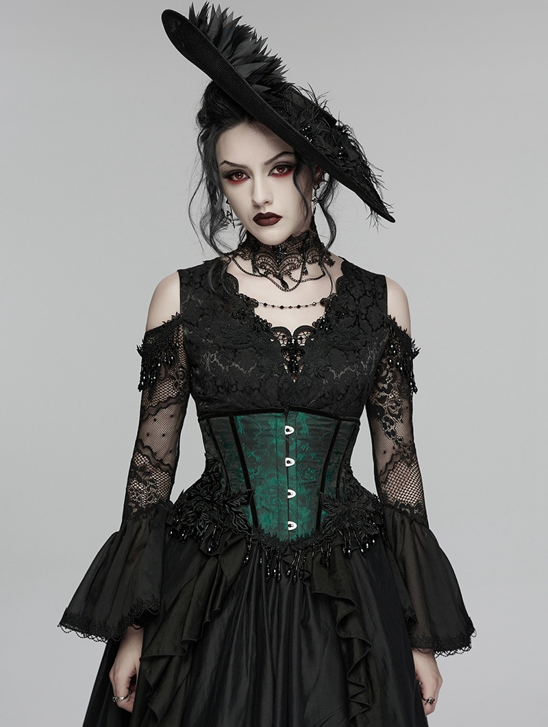 Black and Green Gothic Rose Bead Tassel Corset Waistband