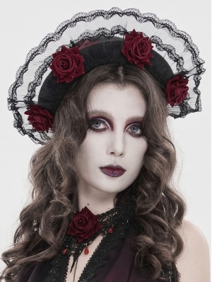 Black and Red Gothic Rose Lace Applique Hat