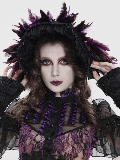 Black and Purple Gothic Lace Feather Victorian Hat