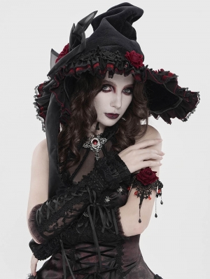 Black and Red Retro Gothic Rose Pointy Witch Hat